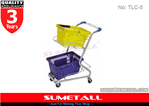 China Carro de aço do trole da compra do supermercado do nível superior para duas cestas plásticas fornecedor